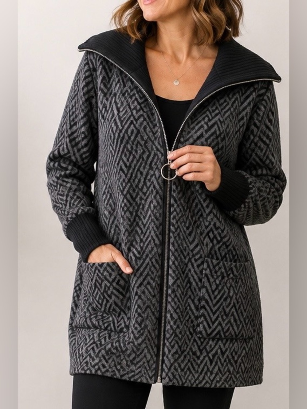 H by Halston M Geometric Sweater Coat Full Zip Ring Pull Longline, M